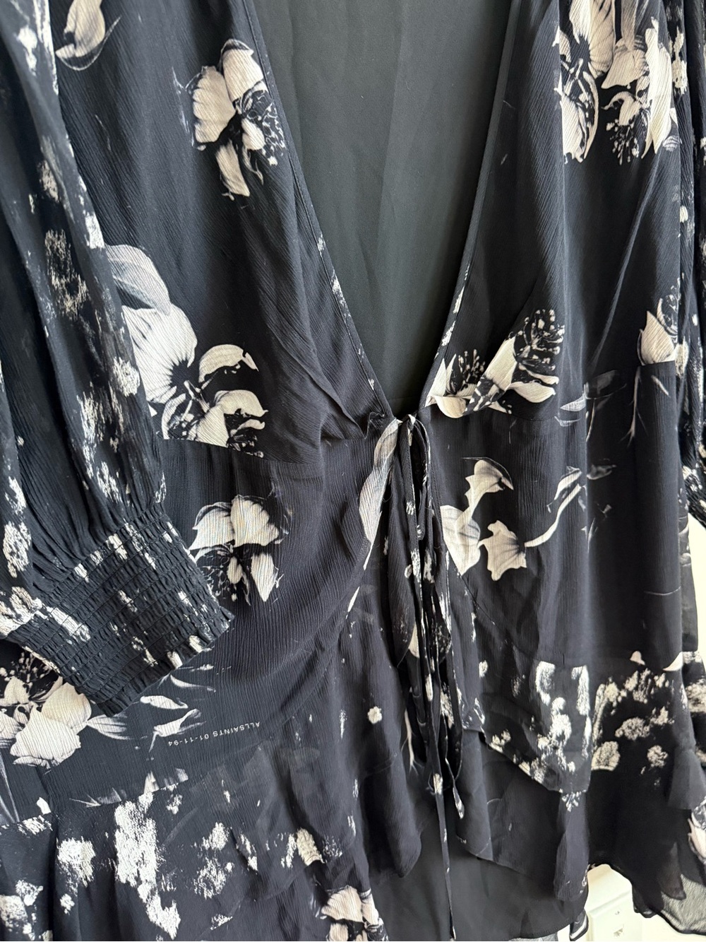 AllSaints Ari Pauline Floral Faux Wrap Chiffon Mini Dress Black Grey 10 - Picture 8 of 16